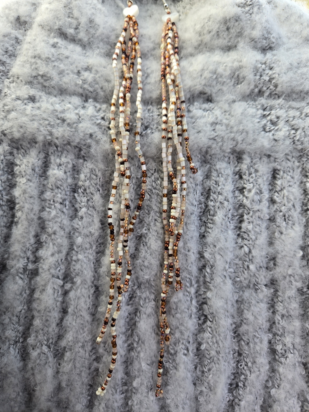 Handmade Cream With A Misture Of Brown Seed Bead Fringe Earrings - Women Jewelry